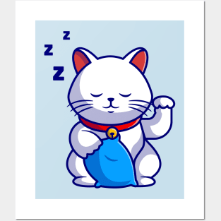 Cute Lucky Cat Sleepy Cartoon Posters and Art